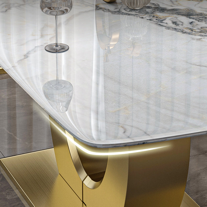 Luxury Sintered Stone Dining Table Rectangle White Table with Metal Pedestal in Gold
