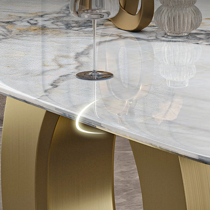 Luxury Sintered Stone Dining Table Rectangle White Table with Metal Pedestal in Gold