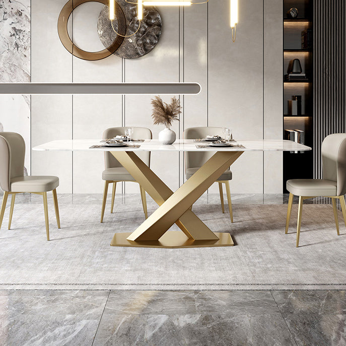 Metal Traditional Luxury Rectangle Table White Sintered Stone Table with Pedestal