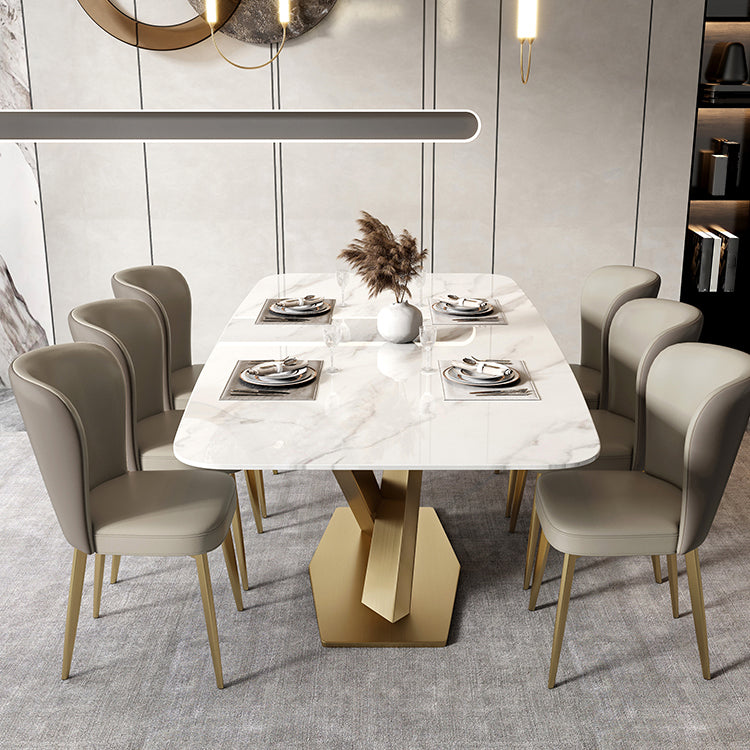 Metal Traditional Luxury Rectangle Table White Sintered Stone Table with Pedestal