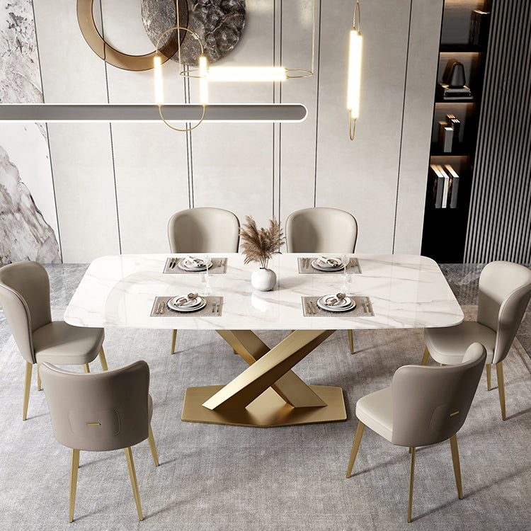 Metal Traditional Luxury Rectangle Table White Sintered Stone Table with Pedestal