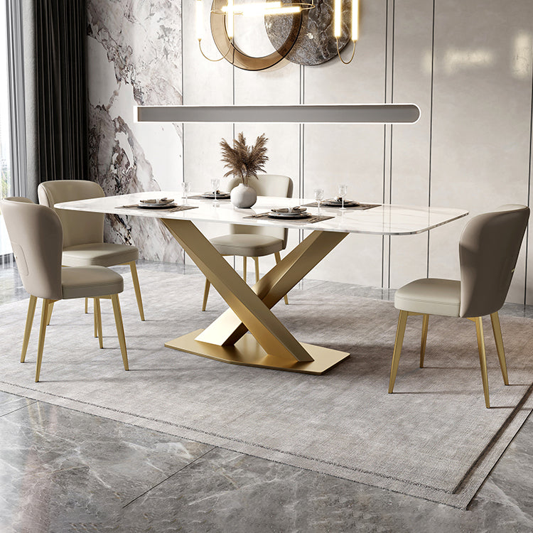 Metal Traditional Luxury Rectangle Table White Sintered Stone Table with Pedestal