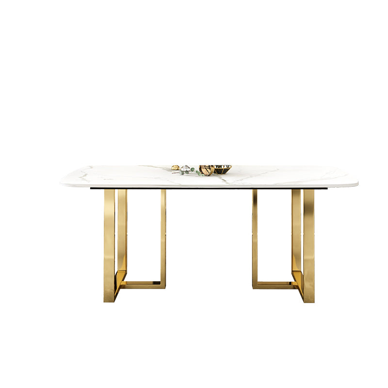 Luxury Sintered Stone Dining Table Rectangle Table with Double Pedestal in Gold