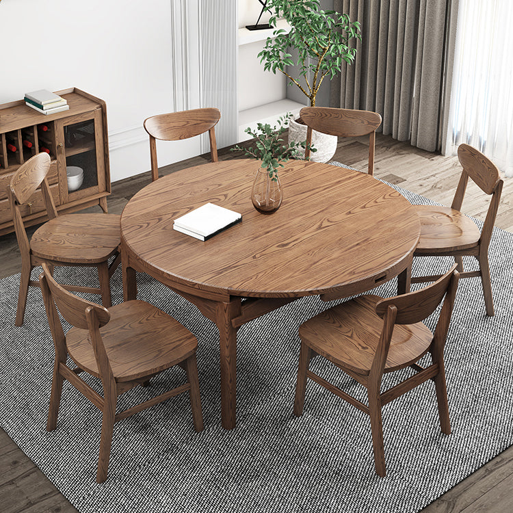 Extendable Ash Wood Dining Table for Restaurant Modern Brown Round Table with 4 Legs