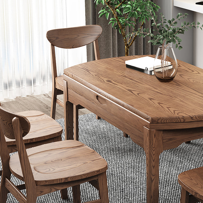 Extendable Ash Wood Dining Table for Restaurant Modern Brown Round Table with 4 Legs