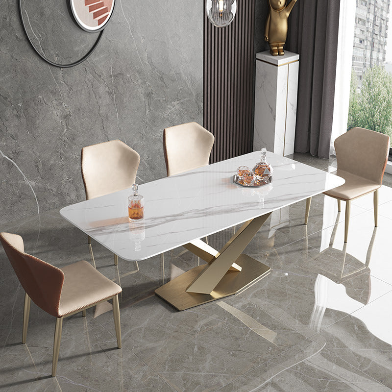Metal Traditional Luxury Rectangle Table White Sintered Stone Indoor Table for Kitchen