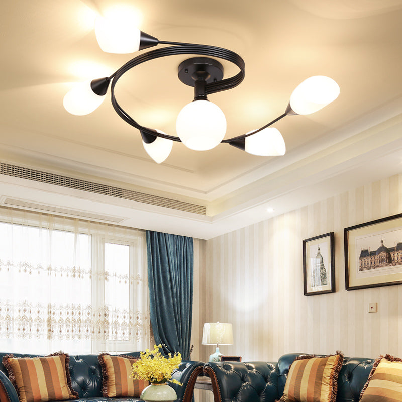 Glass Black Semi Flush Mount in Modern Style Iron Geometric Ceiling Light for Living Room