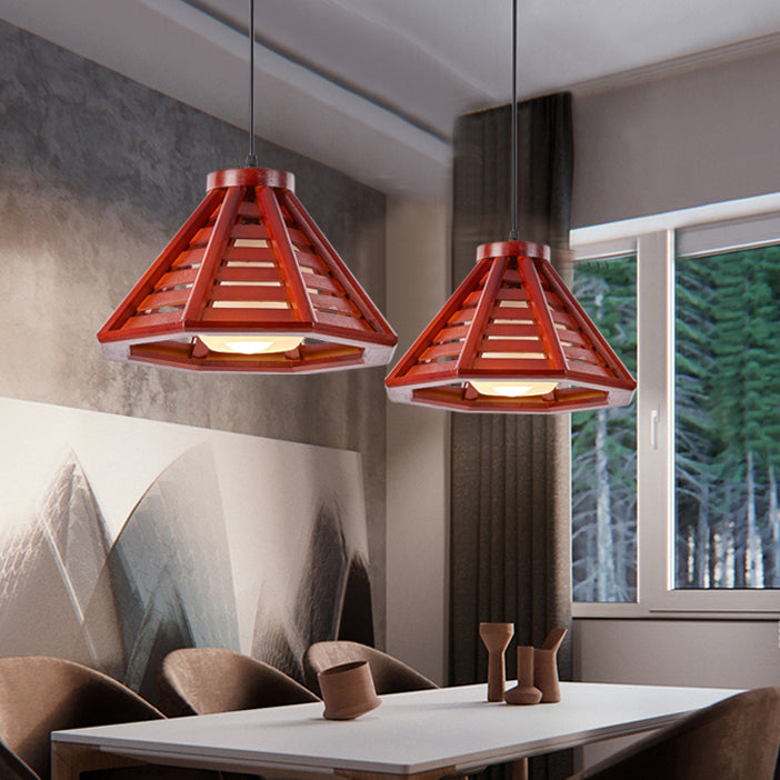 Pyramid Shape Hanging Lighting Modern Style Wood 1 Light Pendant Lamp for Dining Room