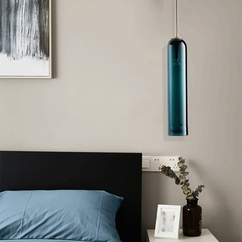 Modern Concise Cylindrical Pendant Light Wrought Iron Single Hanging Lamp with Glass Shade
