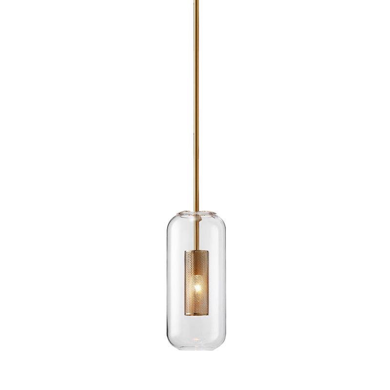 Modern Concise Cylindrical Pendant Light Wrought Iron Single Hanging Lamp with Glass Shade