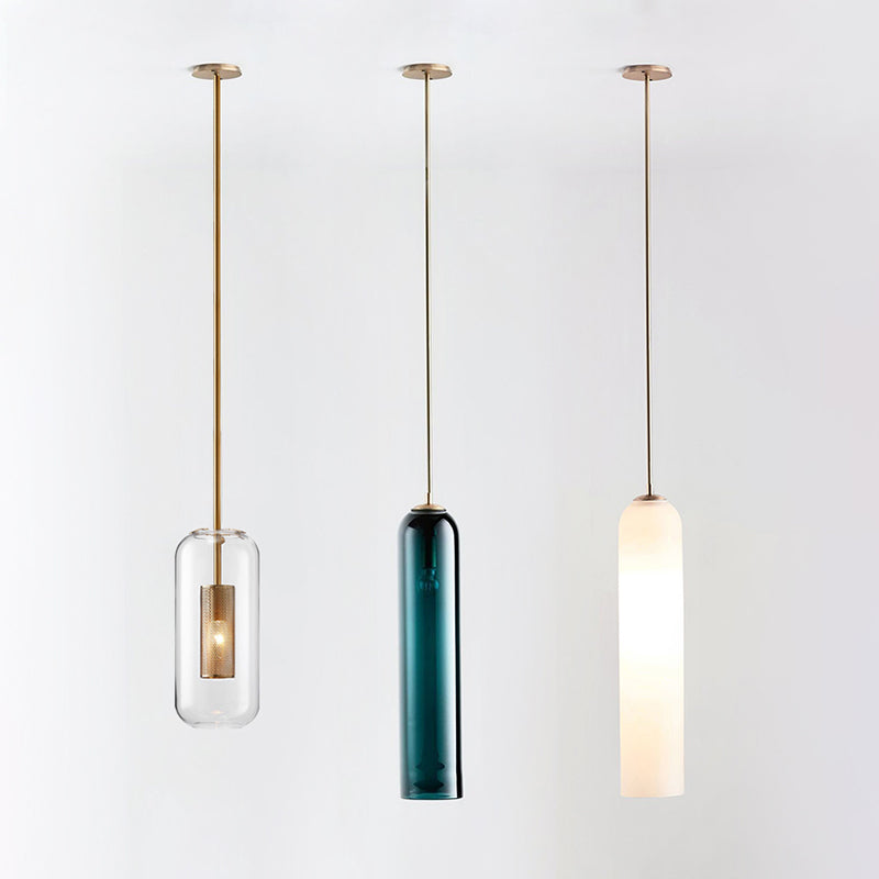 Modern Concise Cylindrical Pendant Light Wrought Iron Single Hanging Lamp with Glass Shade