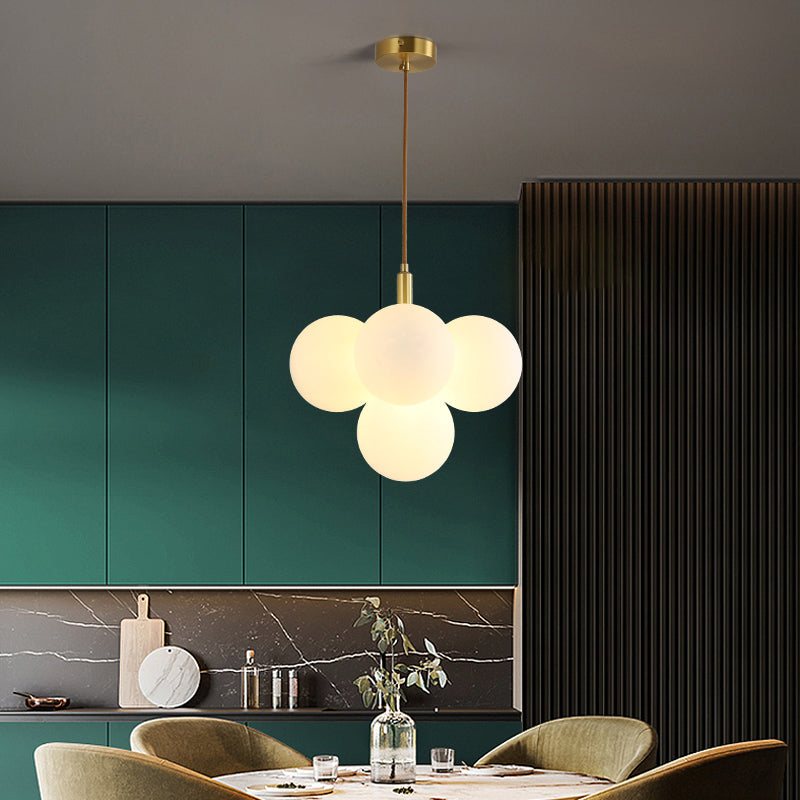 5 Heads Globe Suspension Light Simple Style Brass White Glass Chandelier