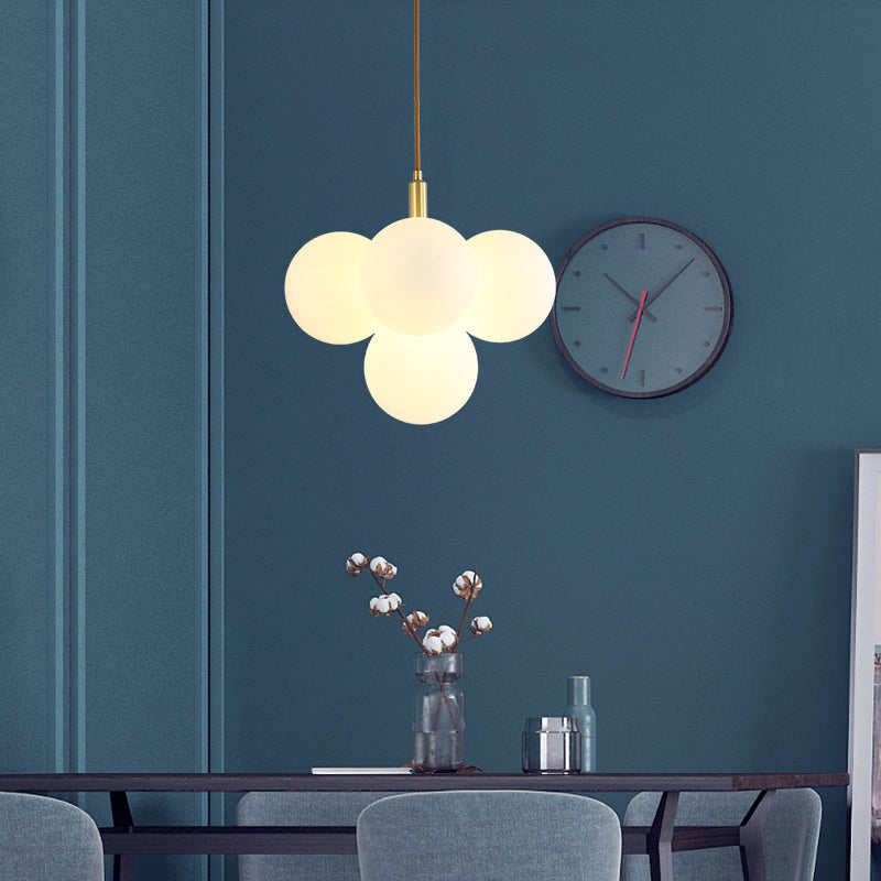 5 Heads Globe Suspension Light Simple Style Brass White Glass Chandelier