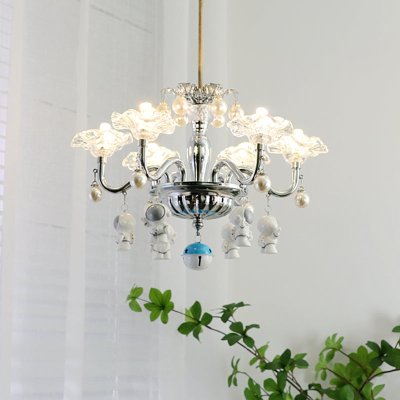 Lampadella di vetro trasparente moderno sospensione in argento a 6 luci per camera da letto