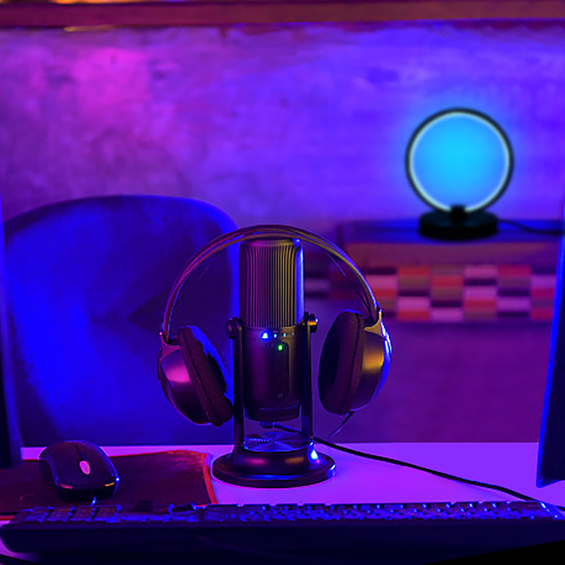 Lampe de table circulaire en métal, lampe de table contemporaine à rythme musical RVB pour chambre à coucher