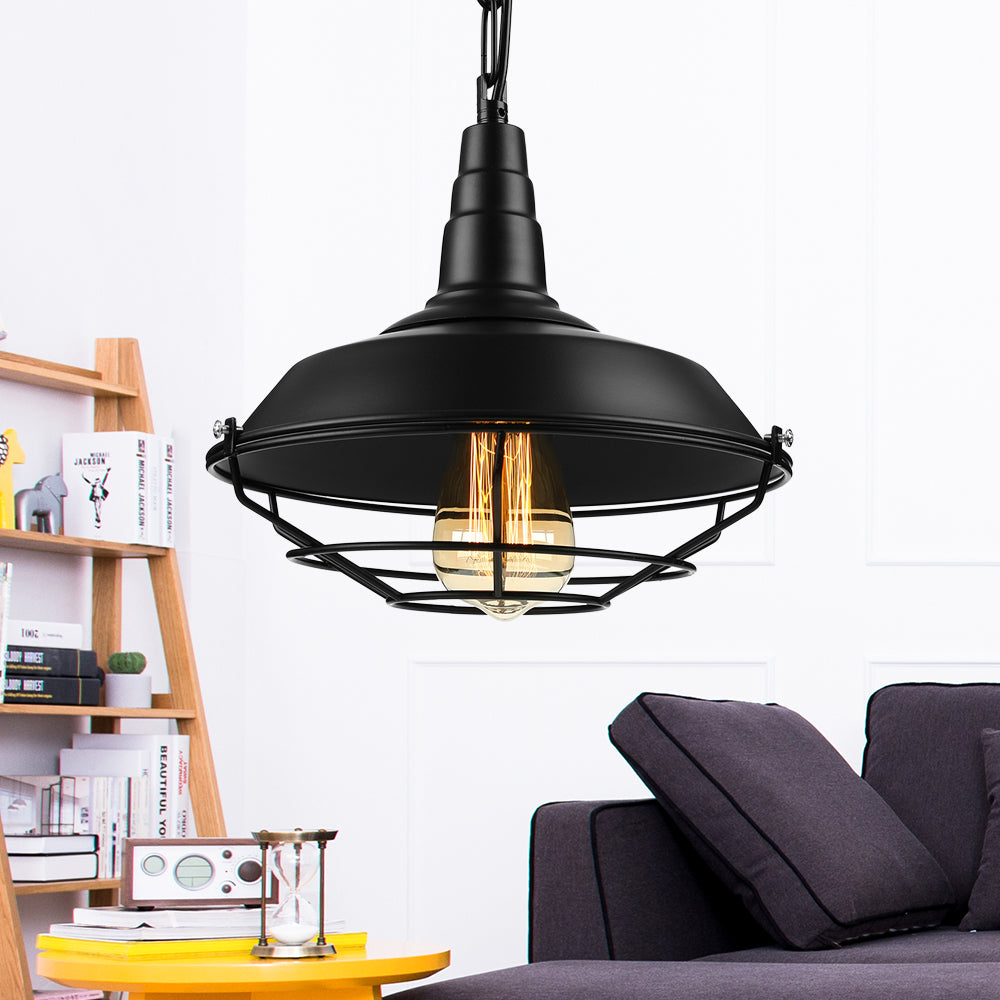 Retro Stylish Wire Guard Pendant Light with Barn Shade 10"/14"/18" Wide 1 Light Metal Hanging Fixture in Black/Bronze/Rust for Kitchen