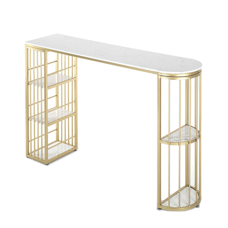 Marble Indoor Glam Bar Dining Table Gold Iron Double Pedestal Bistro Table with Shelve