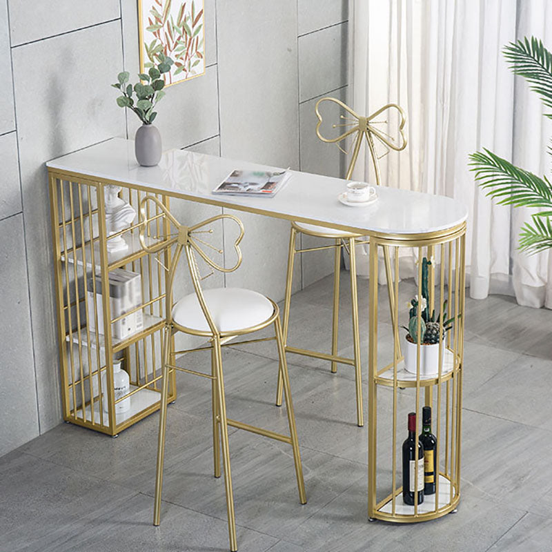 Marble Indoor Glam Bar Dining Table Gold Iron Double Pedestal Bistro Table with Shelve