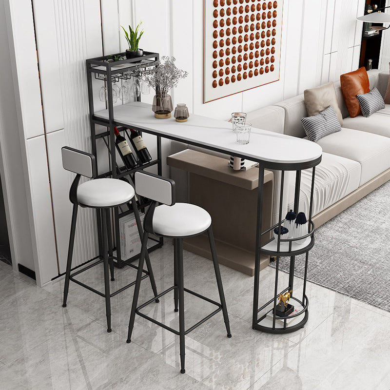 Stone Indoor Glam Bar Dining Table Iron Double Pedestal Bistro Table with Wine Rack