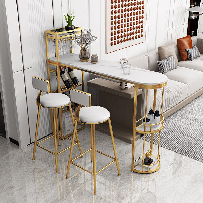 Stone Indoor Glam Bar Dining Table Iron Double Pedestal Bistro Table with Wine Rack