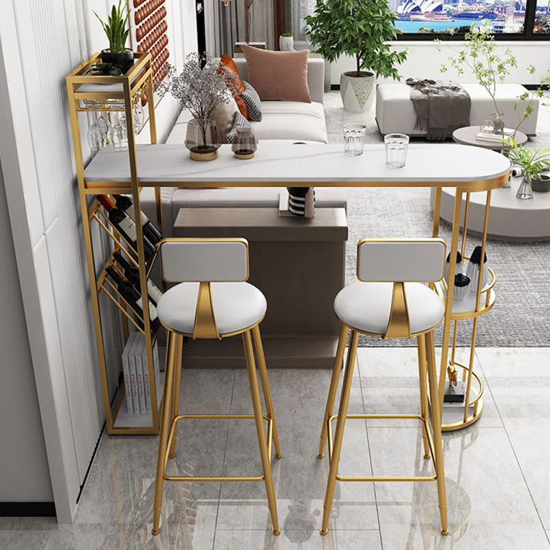 Stone Indoor Glam Bar Dining Table Iron Double Pedestal Bistro Table with Wine Rack