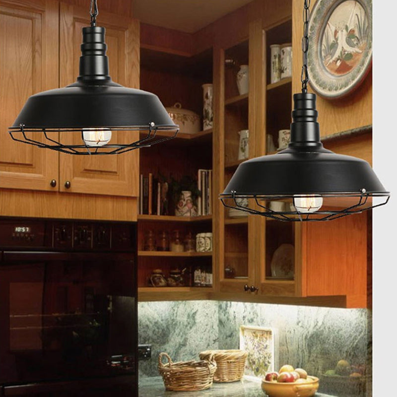 Retro Stylish Wire Guard Pendant Light with Barn Shade 10"/14"/18" Wide 1 Light Metal Hanging Fixture in Black/Bronze/Rust for Kitchen