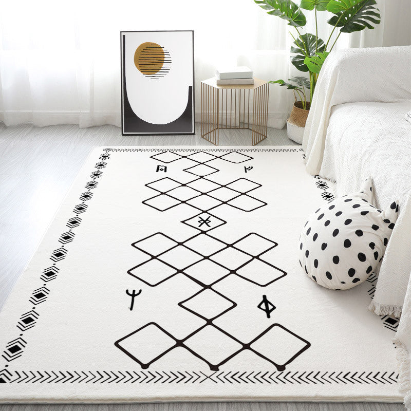 White Modern Rug Polyester Line Area Rug Non-Slip Backing Rug for Drawing Room