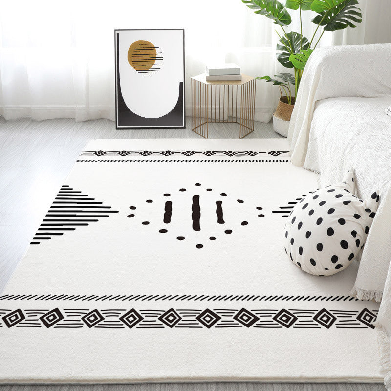 White Modern Rug Polyester Line Area Rug Non-Slip Backing Rug for Drawing Room