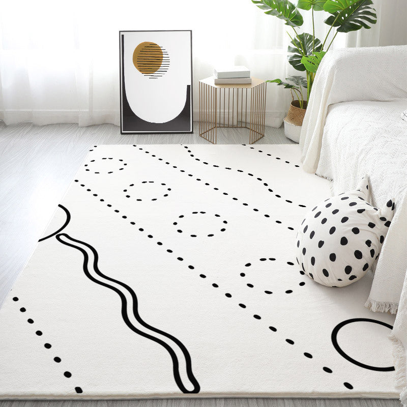 White Modern Rug Polyester Line Area Rug Non-Slip Backing Rug for Drawing Room