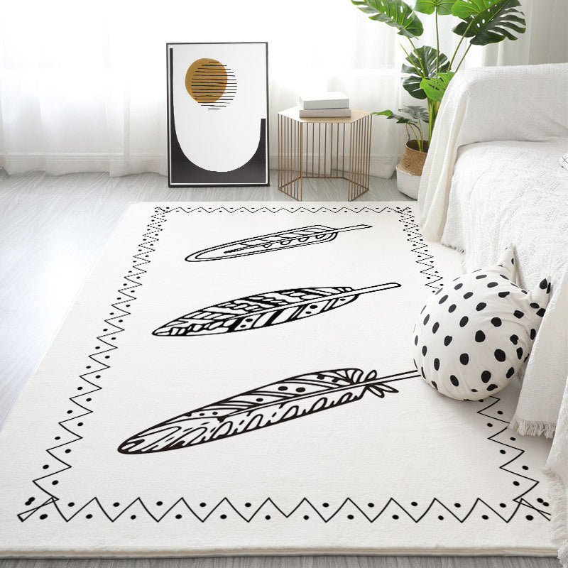 White Modern Rug Polyester Line Area Rug Non-Slip Backing Rug for Drawing Room