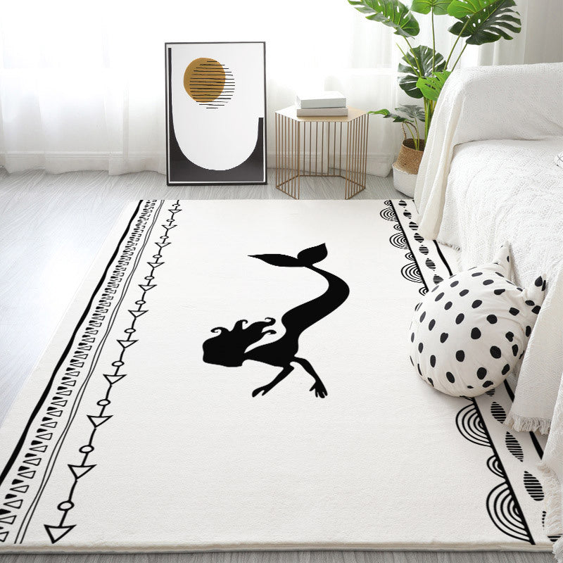 White Modern Rug Polyester Line Area Rug Non-Slip Backing Rug for Drawing Room