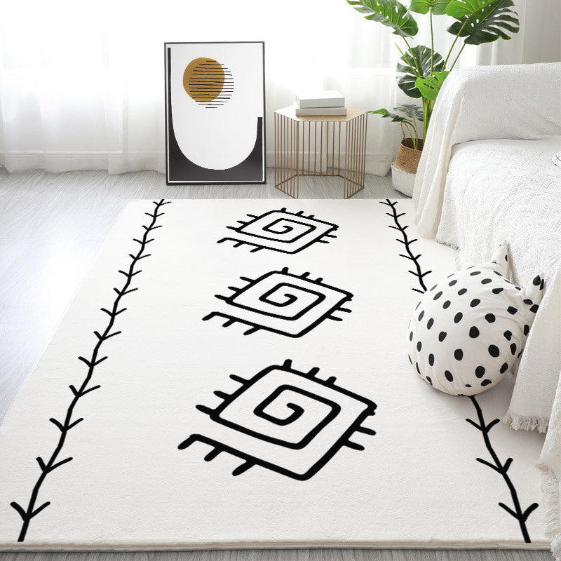 White Modern Rug Polyester Line Area Rug Non-Slip Backing Rug for Drawing Room