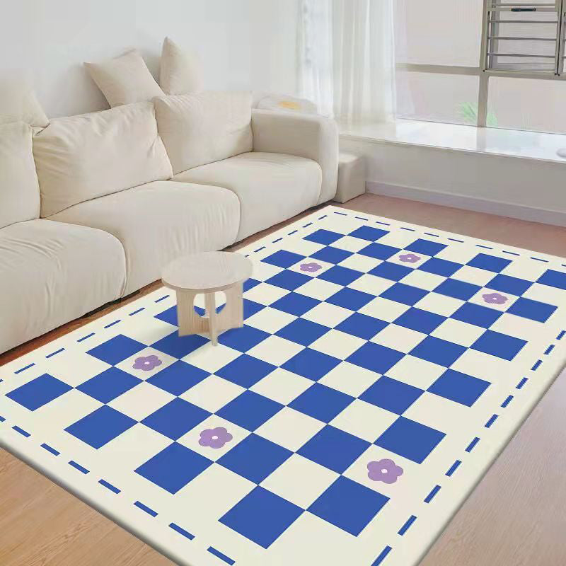 Black Modern Rug Polyester Check Pattern Rug Washable Rug for Living Room