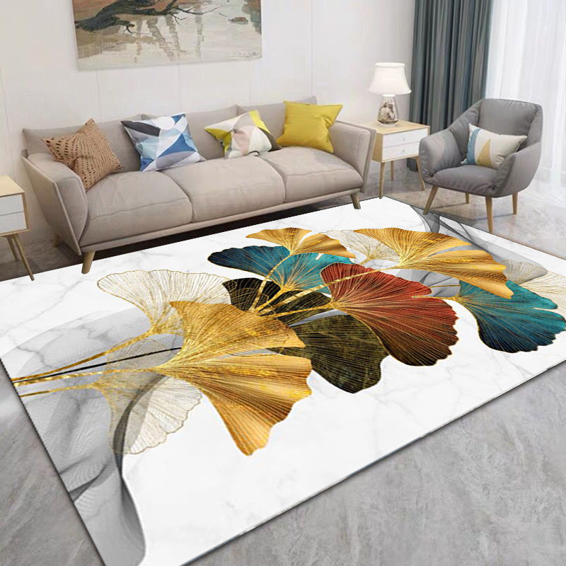 White Minimalist Rug Polyester Apricot Leaf Rug Washable Rug for Home Decor