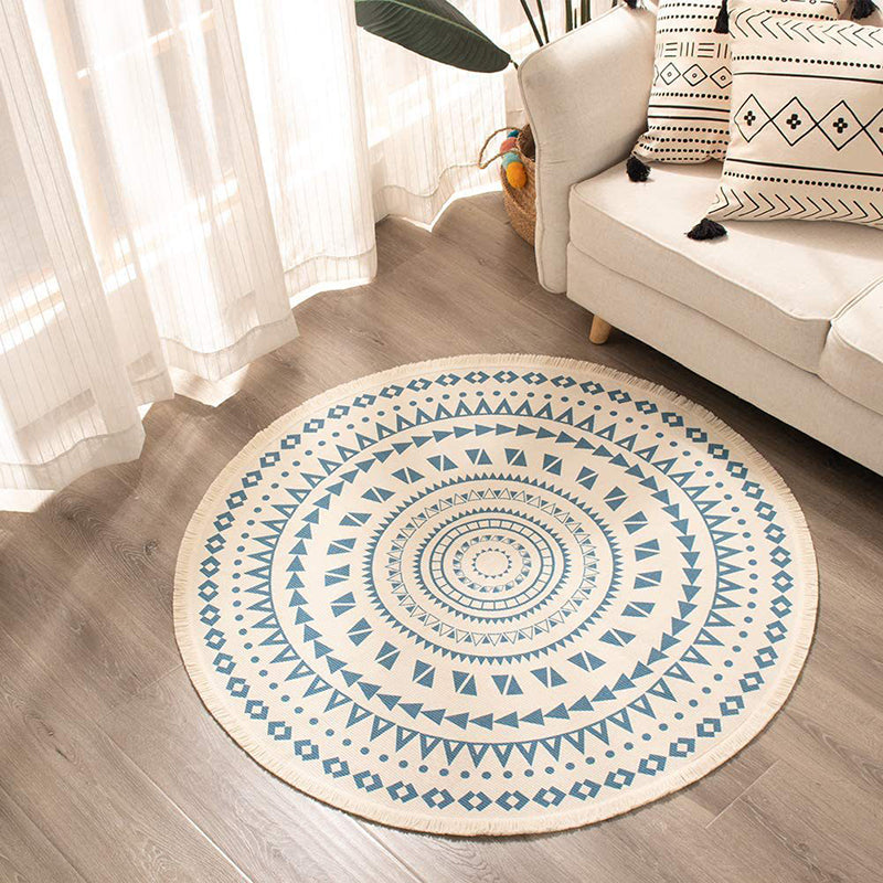 Simple Area Rug Tribal Print Round Carpet Washable Cotton Blend Rug with Fringe