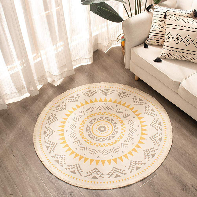 Simple Area Rug Tribal Print Round Carpet Washable Cotton Blend Rug with Fringe