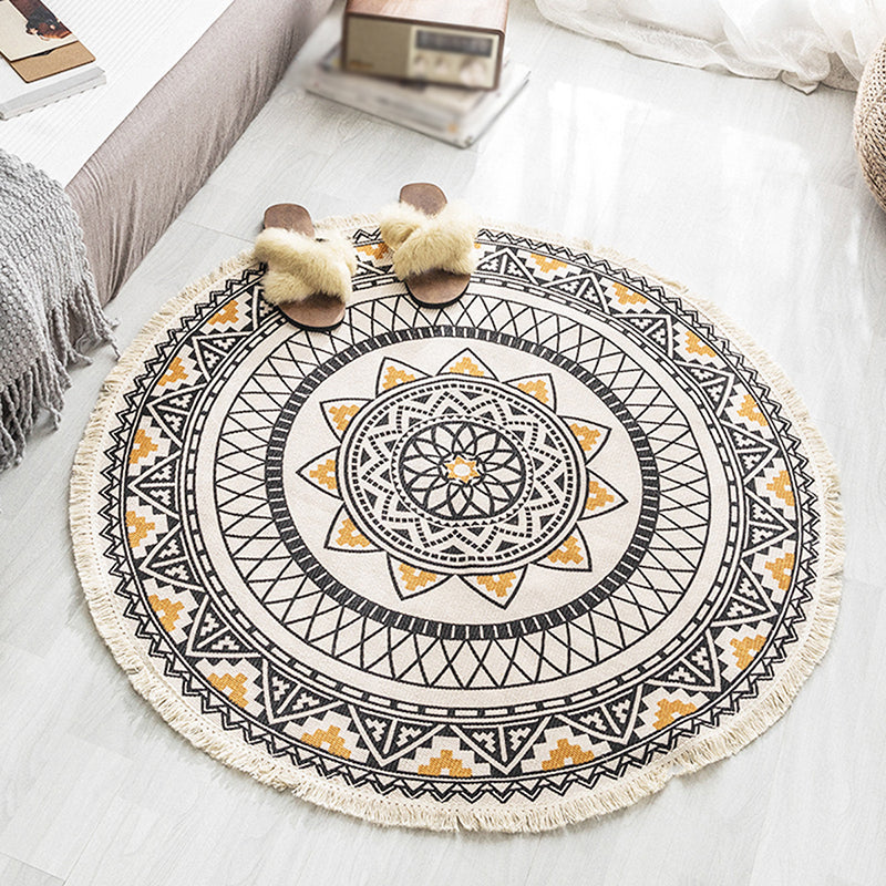 Simple Area Rug Tribal Print Round Carpet Washable Cotton Blend Rug with Fringe