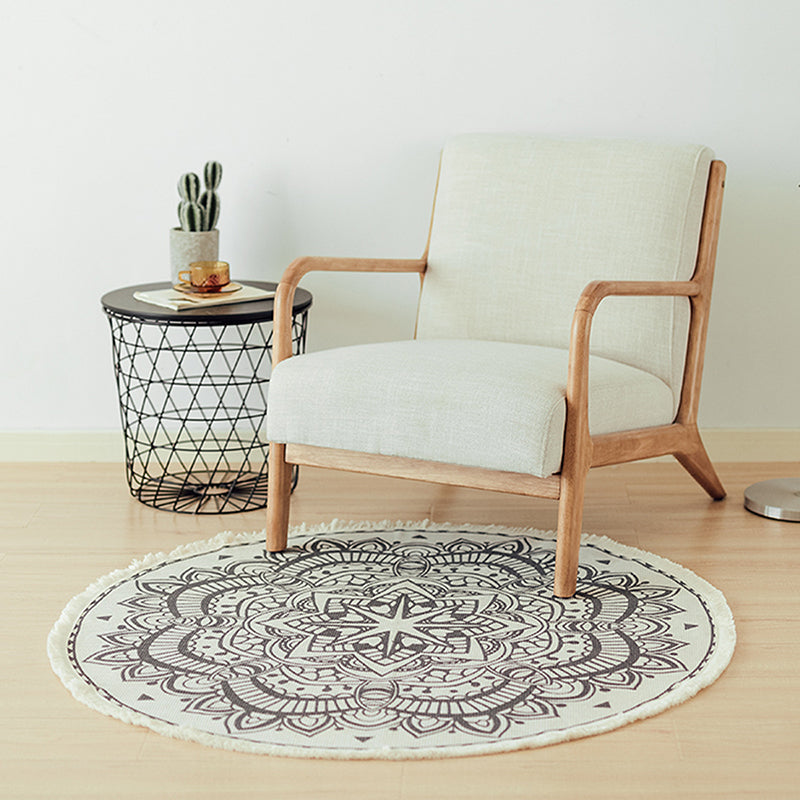 Simple Area Rug Tribal Print Round Carpet Washable Cotton Blend Rug with Fringe