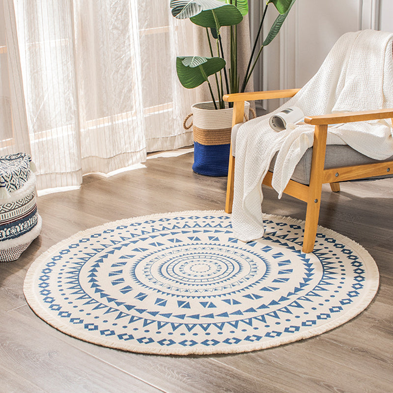 Rapis simple Rapis tribal Tribal Tapis rond Mélange de coton lavable avec frange