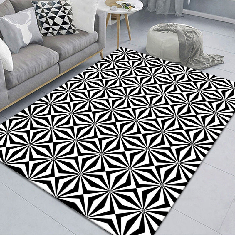 Black and White Geometric Pattern Rug Area Carpet Non-Slip Backing Rug for Living Room