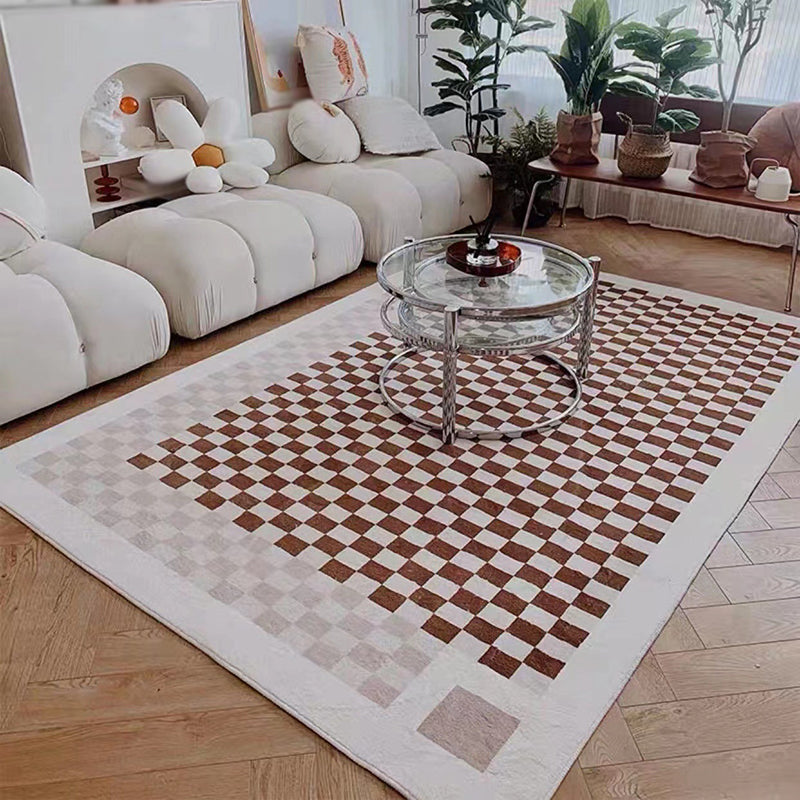 Dark Brown Check Rug Polyester Modern Rug Stain Resistant Rug for Living Room
