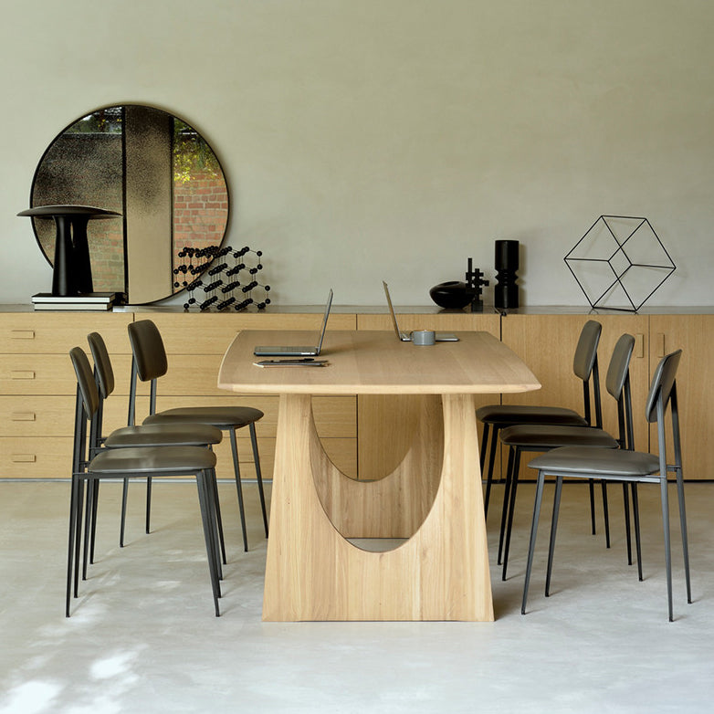 Mesa de comedor industrial de madera maciza, mesa rectangular en la naturaleza con pedestal doble