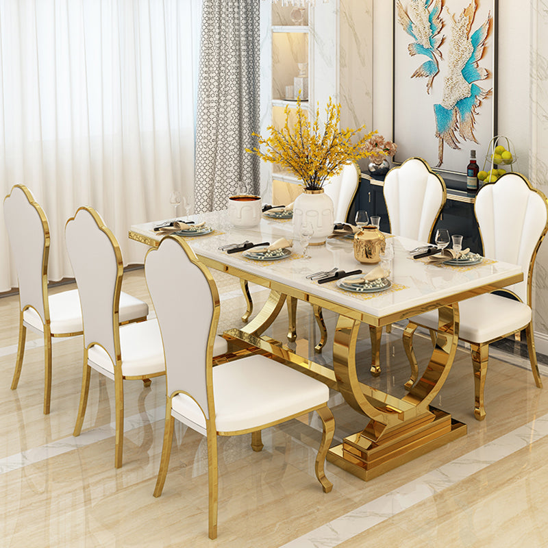 Mesa de comedor de mármol con forma rectangular Glam, mesa de comedor estándar con bases de pedestal dobles