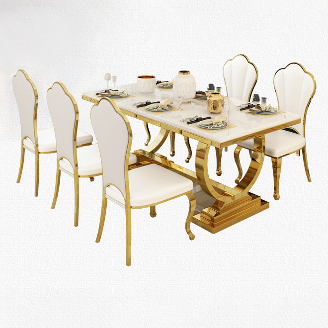 Mesa de comedor de mármol con forma rectangular Glam, mesa de comedor estándar con bases de pedestal dobles
