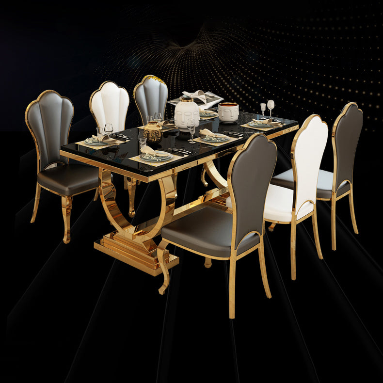 Mesa de comedor de mármol con forma rectangular Glam, mesa de comedor estándar con bases de pedestal dobles