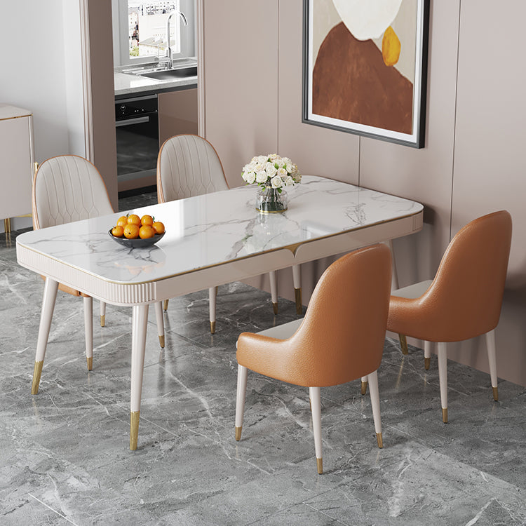 Glam White Kitchen Dining Table Sintered Stone Rectangle Dining Table with 4 Legs
