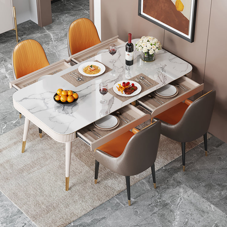 Glam White Kitchen Dining Table Sintered Stone Rectangle Dining Table with 4 Legs