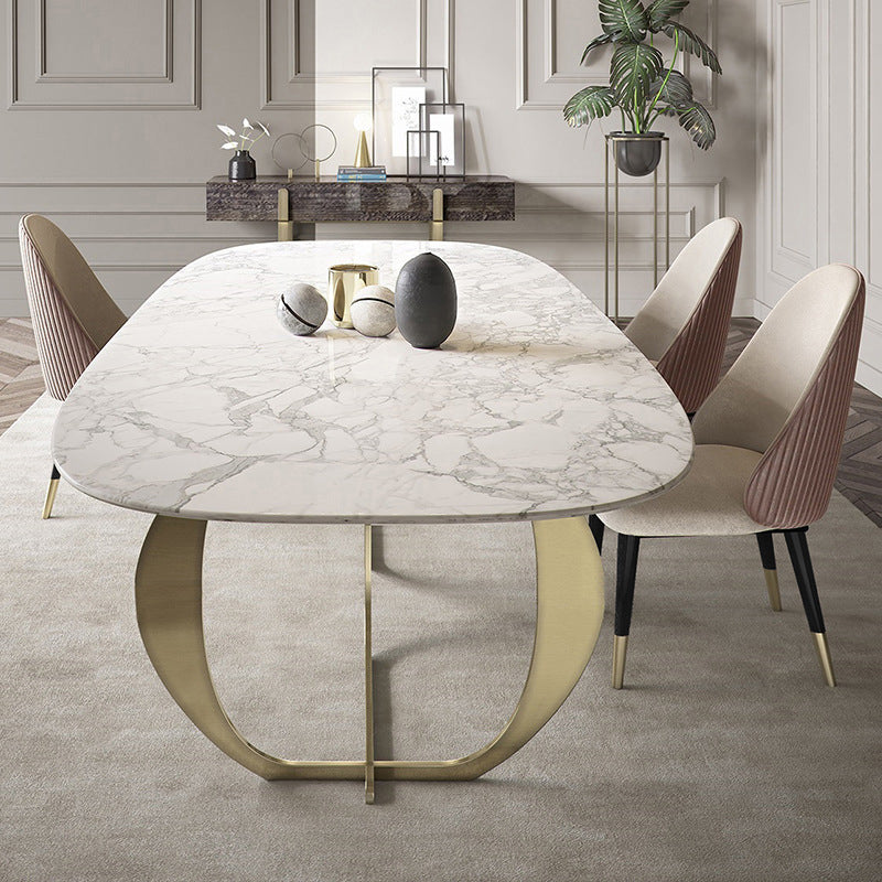Mesa de comedor tradicional de lujo, mesa ovalada blanca con marco dorado