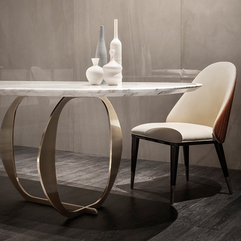 Mesa de comedor tradicional de lujo, mesa ovalada blanca con marco dorado