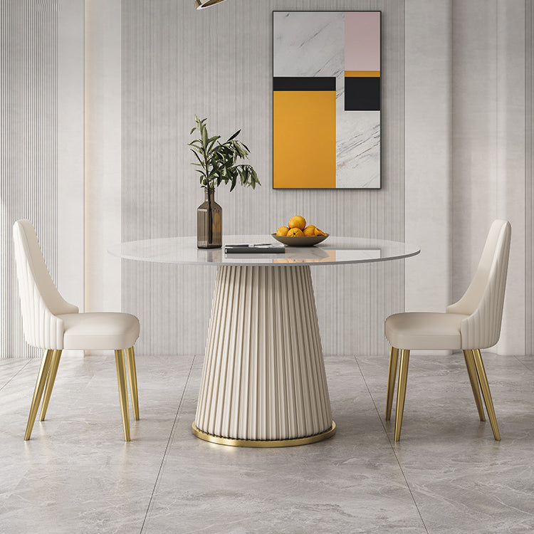 Round Traditional Luxury Dining Table White Sintered Stone Table with White Pedestal Base